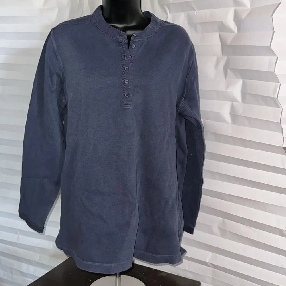 Denim & Co. Ribbed Henley Shirt Dark Blue Long Sleeve Top Size L Casual